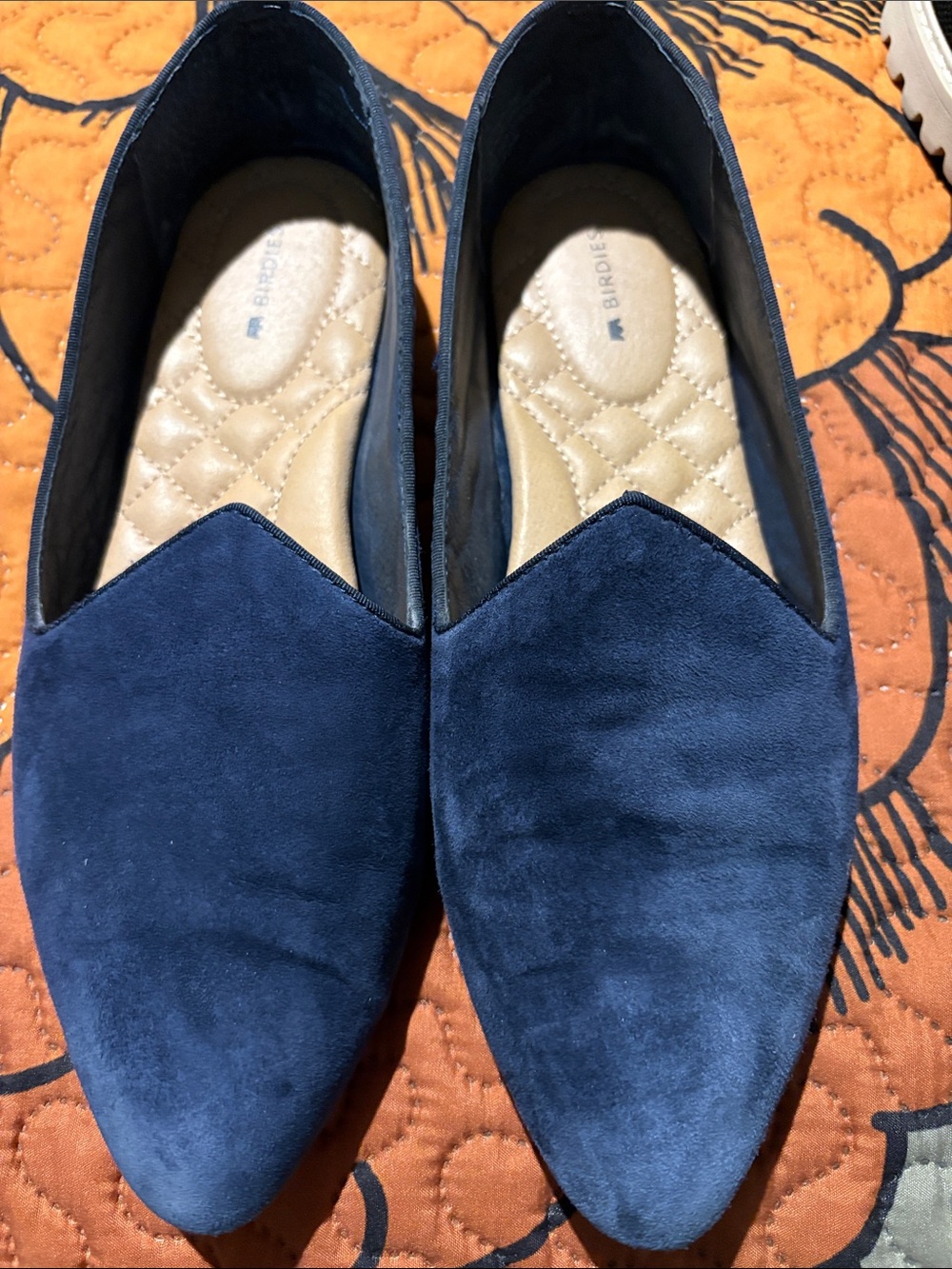 Birdies Navy Suede Pointed-Toe Slip-On Loafers